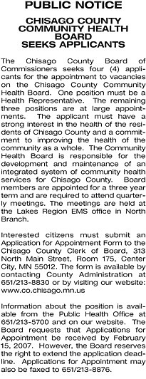 Public Notice-Chisago County Community Health Board seeking applicants
